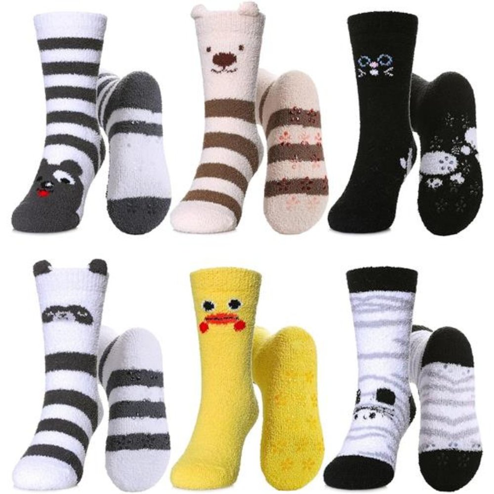 6 Pairs, Kids Fuzzy Socks with Grips Non Slip Fluffy Winter Warm Crew Socks
